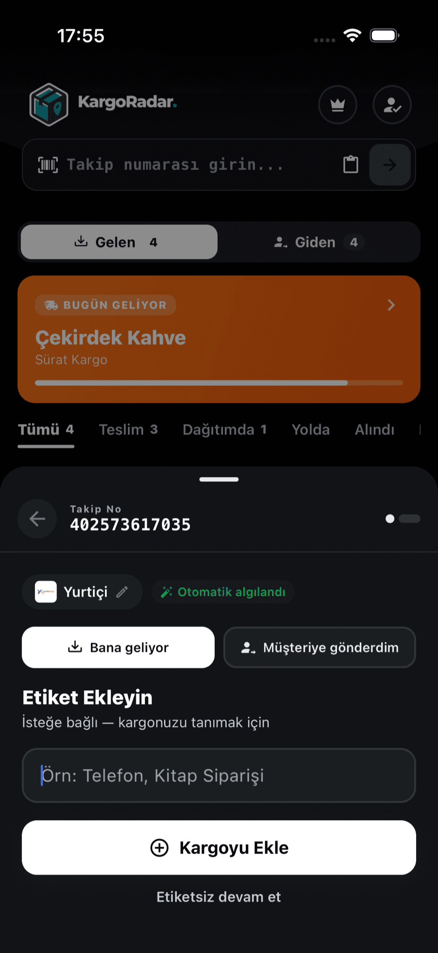 Kargo ekleme ekranı — kargo firması otomatik algılandı