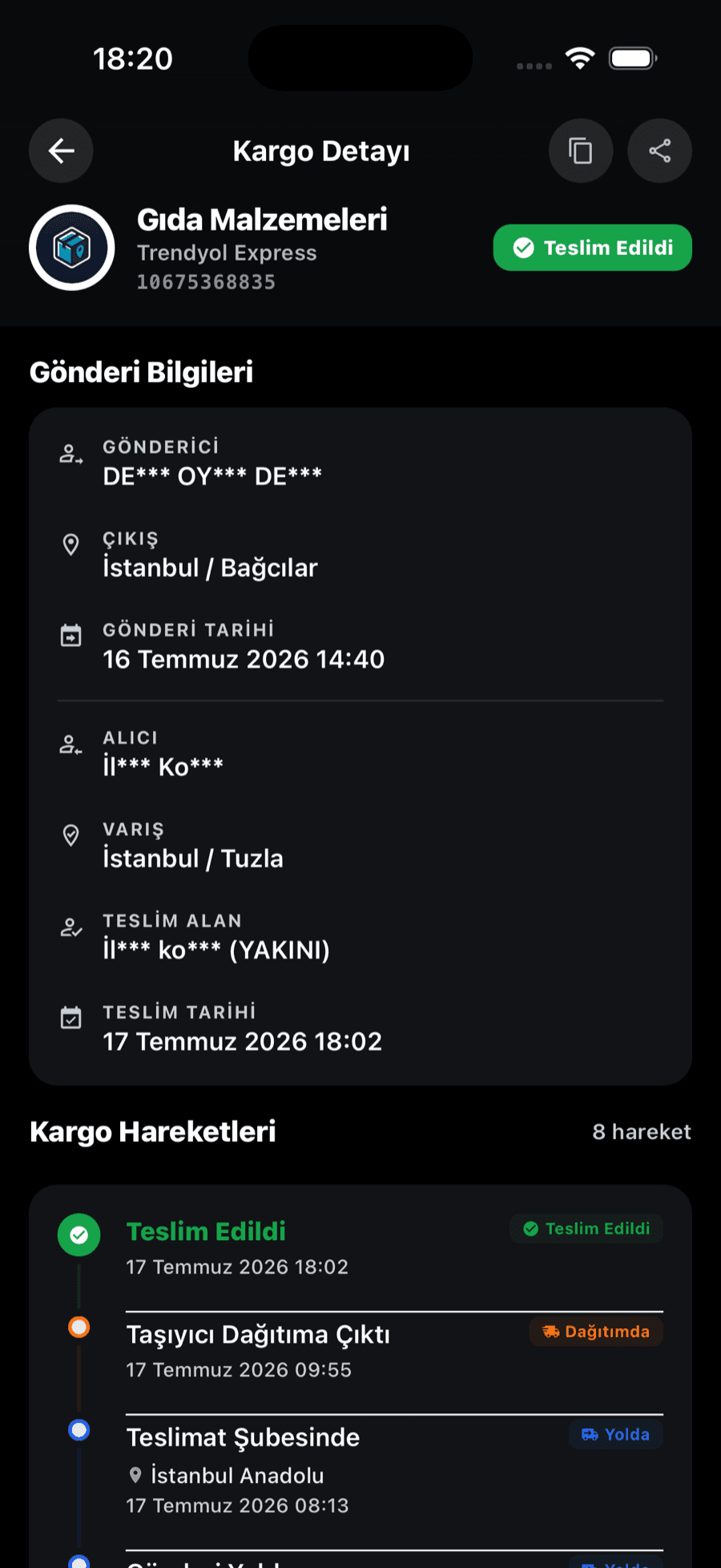 Kargo detay ekranı — gönderici, alıcı ve tüm kargo hareketleri