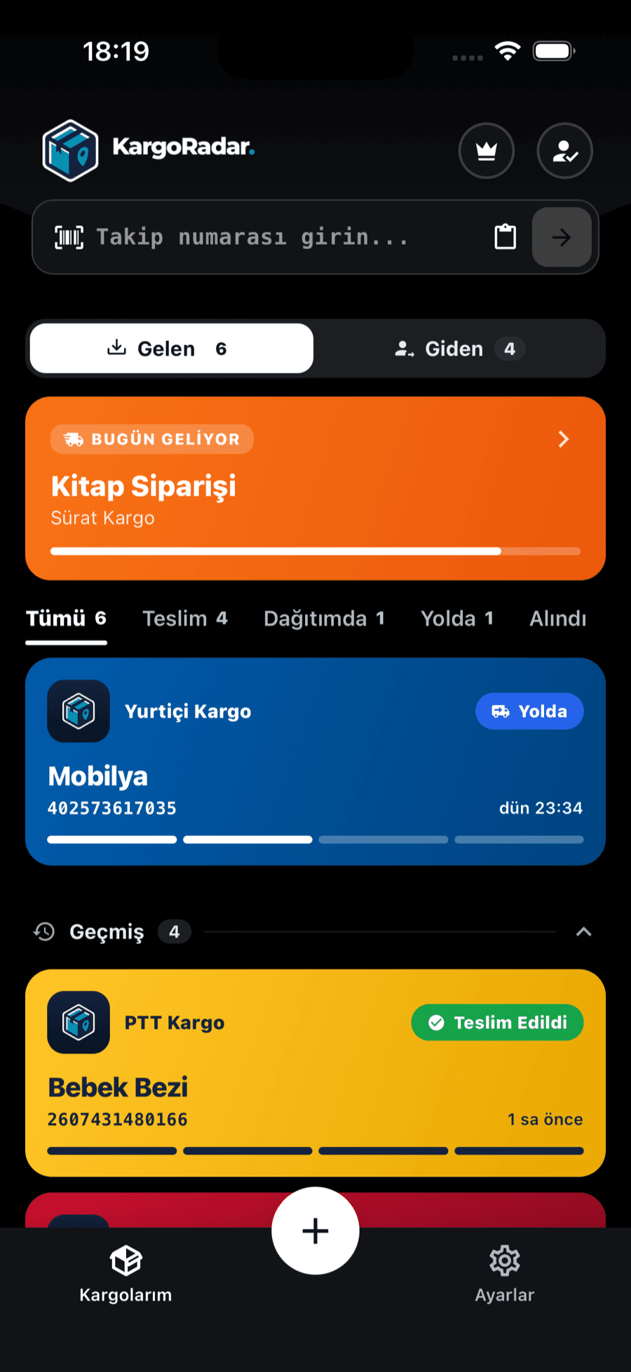 Kargo Radar ana ekranı koyu temada
