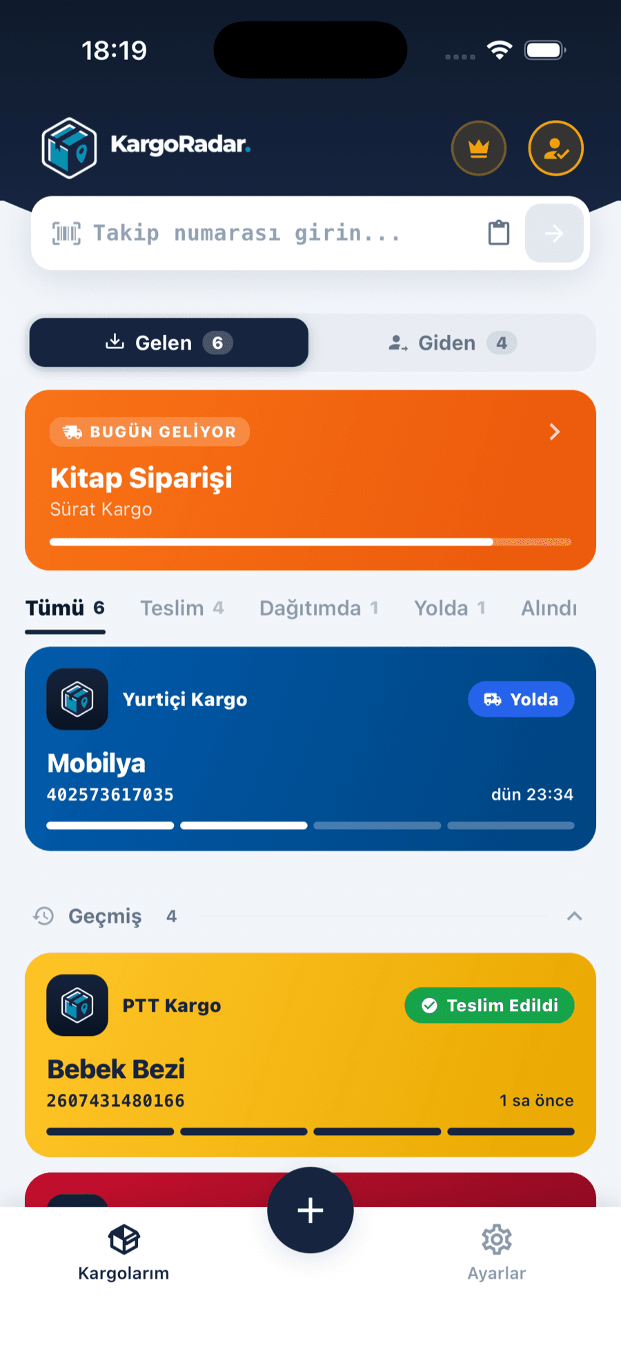 Kargo Radar ana ekranı — gelen ve giden kargolar açık temada listeleniyor