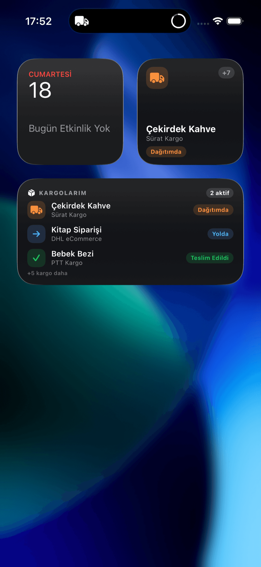 iOS ana ekran widget’ları — aktif kargolar ve durumları