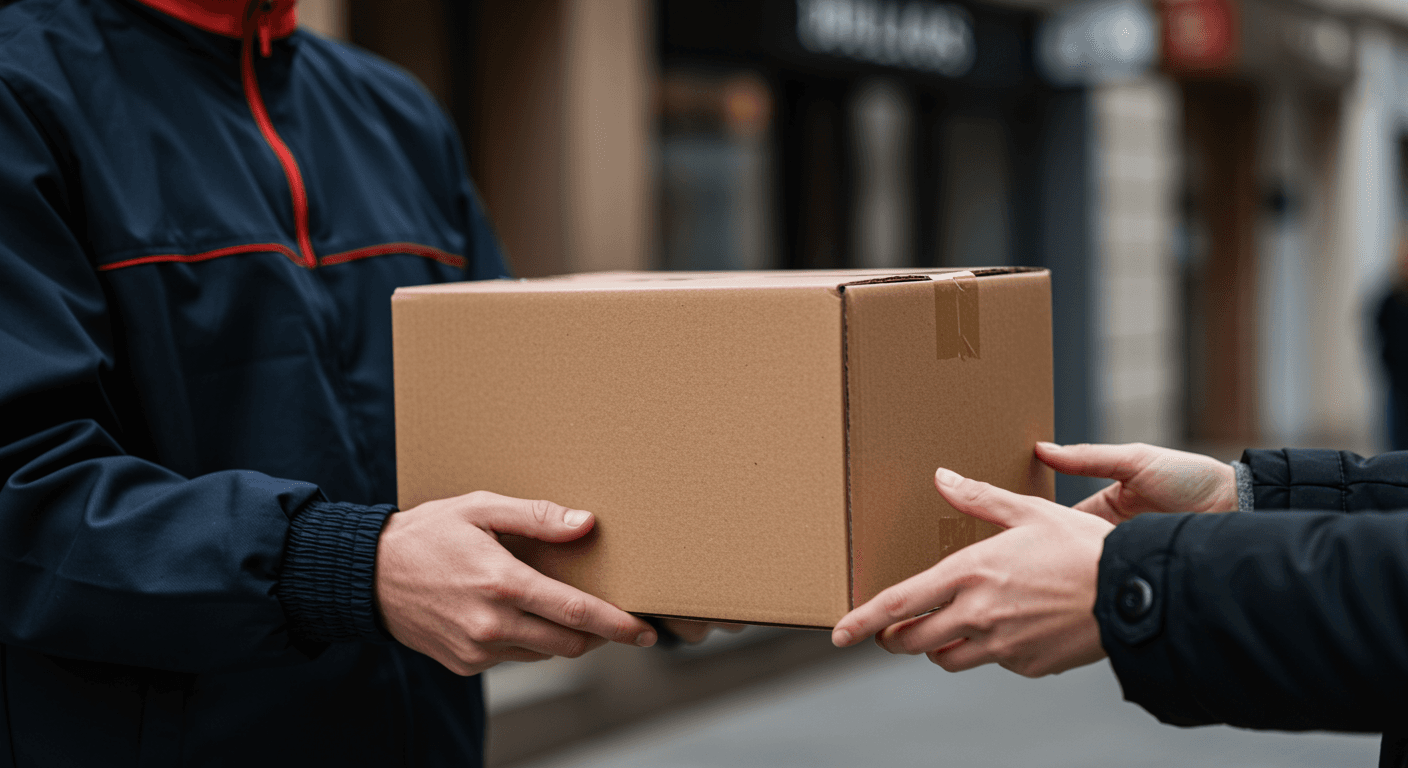 Gündüz şehir caddesinde paket taşıyan kargo dağıtım kuryesi