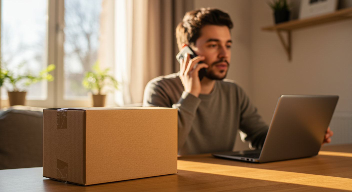 Evde telefonla görüşürken yanında karton koli bulunan kişi