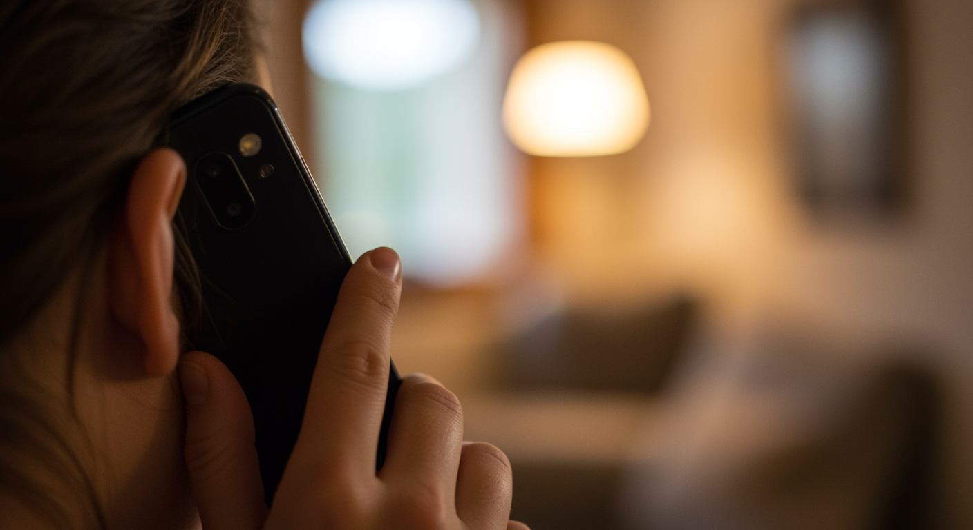 Kulağına telefon tutan elin yakın çekimi, bulanık ev arka planı